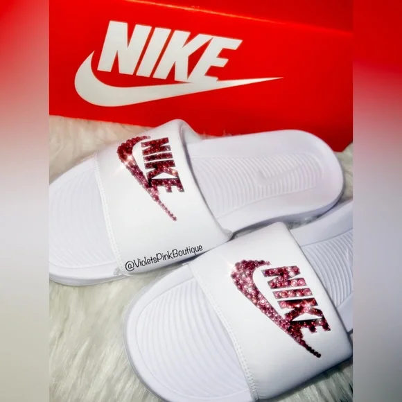 Women’s Custom Slides With Pink Swarovski crystal Nike White Slides